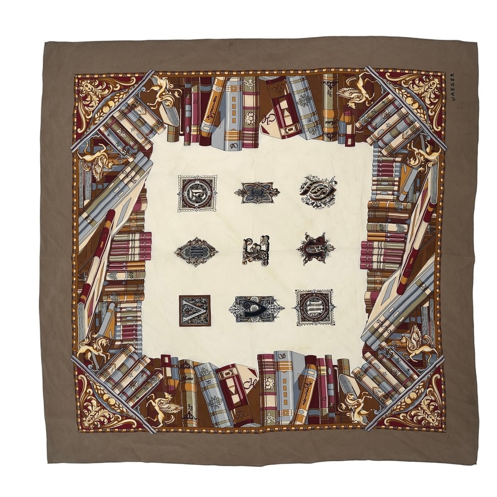 Jaeger Silk Scarf Brown Library Book Pegasus Heraldic Print Square Hand Roll Vtg